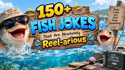 150+ funny fish jokes with playful fish and fishing scene