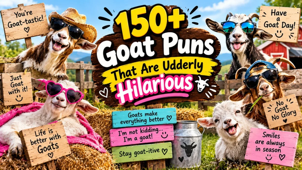 150+ funny goat puns with hilarious goats, farm scenery, and playful pun signs