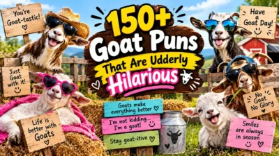 150+ funny goat puns with hilarious goats, farm scenery, and playful pun signs