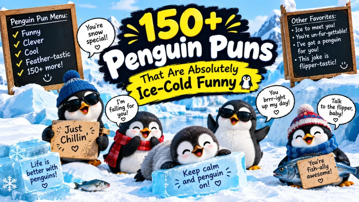150+ funny penguin puns with cute penguins, icebergs, snow, fish, and playful winter humor