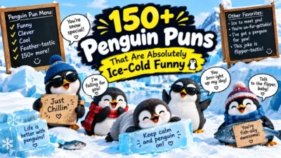 150+ funny penguin puns with cute penguins, icebergs, snow, fish, and playful winter humor