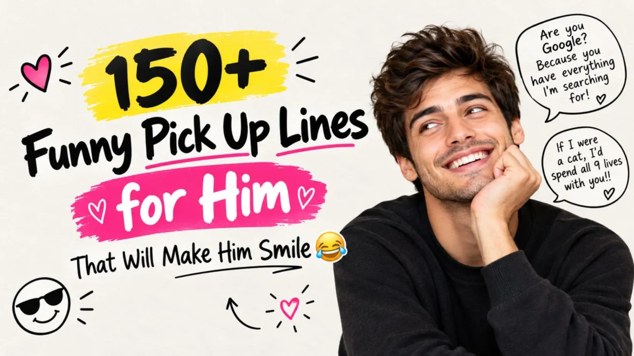 150+ funny pick up lines for him with a smiling couple, hearts, speech bubbles, and playful dating humor