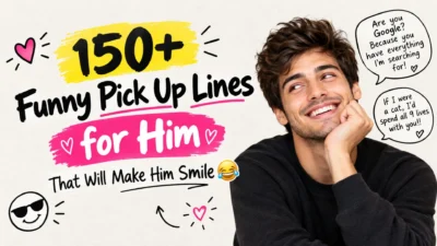150+ funny pick up lines for him with a smiling couple, hearts, speech bubbles, and playful dating humor