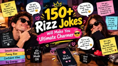 150+ funny rizz jokes with a playful couple, dating humor, hearts, and confident charm