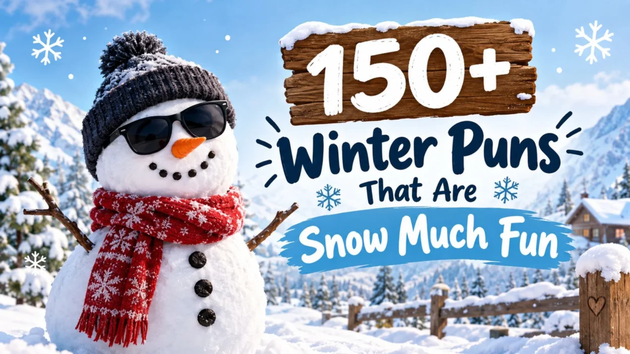 150+ funny winter puns with a cheerful snowman in a snowy mountain landscape