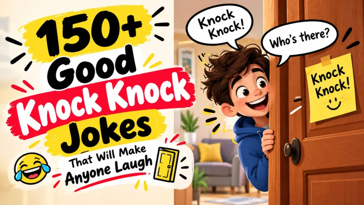150+ good knock knock jokes with a funny cartoon boy knocking on a door