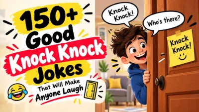 150+ good knock knock jokes with a funny cartoon boy knocking on a door