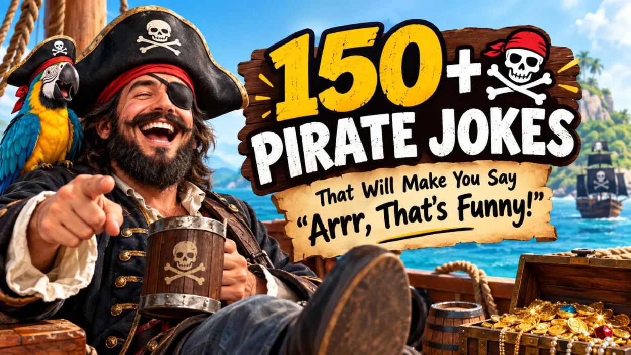 150+ pirate jokes featuring a funny pirate captain, parrot, treasure, and pirate ship