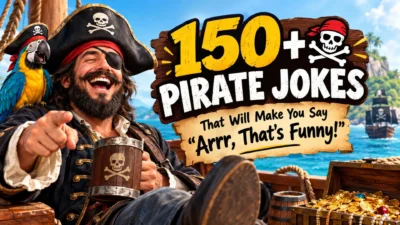 150+ pirate jokes featuring a funny pirate captain, parrot, treasure, and pirate ship