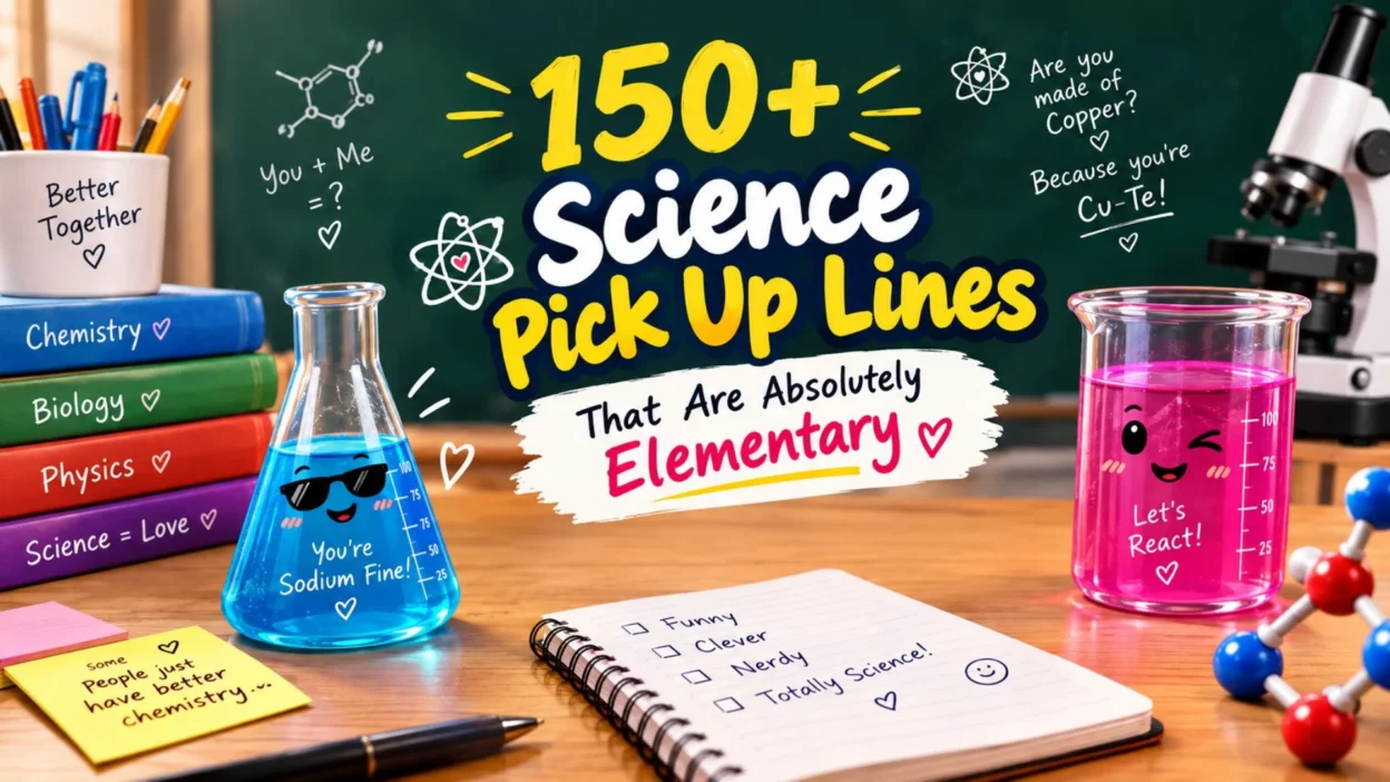 150+ science pick up lines with colorful chemistry lab equipment, atoms, hearts, and playful classroom doodles