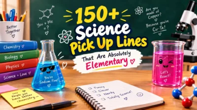 150+ science pick up lines with colorful chemistry lab equipment, atoms, hearts, and playful classroom doodles