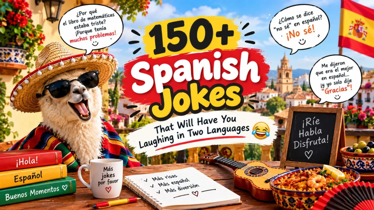 150+ Spanish jokes with a funny llama in a sombrero, Spanish flag, guitar, and colorful café scene