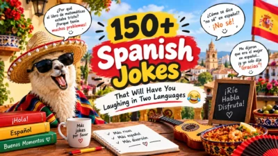 150+ Spanish jokes with a funny llama in a sombrero, Spanish flag, guitar, and colorful café scene
