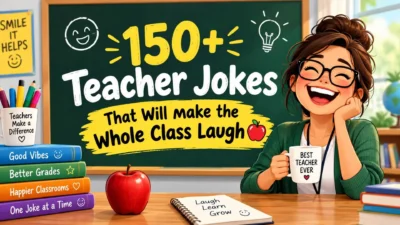 150+ teacher jokes on a classroom chalkboard with a laughing teacher, books, and a red apple