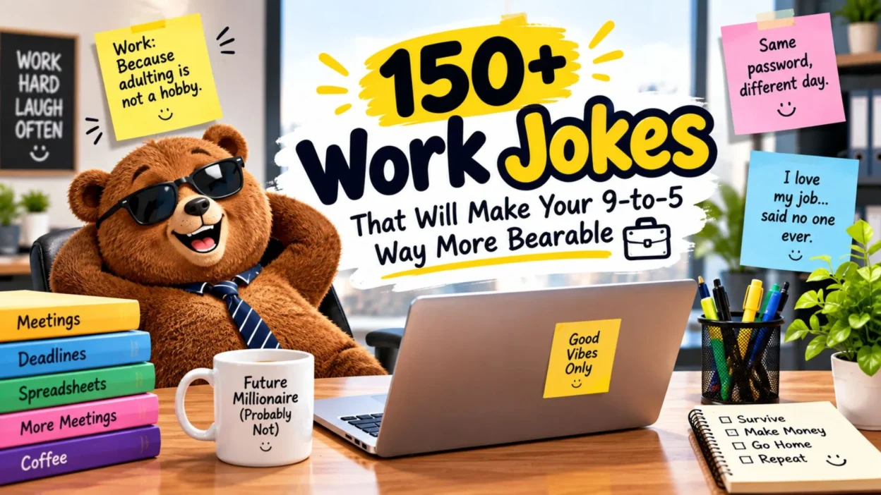 150+ funny work jokes with a bear wearing sunglasses in a humorous office setup