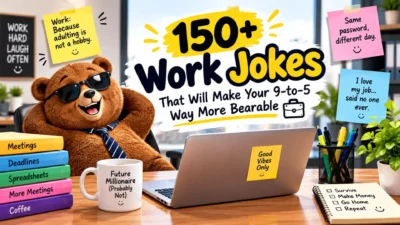 150+ funny work jokes with a bear wearing sunglasses in a humorous office setup