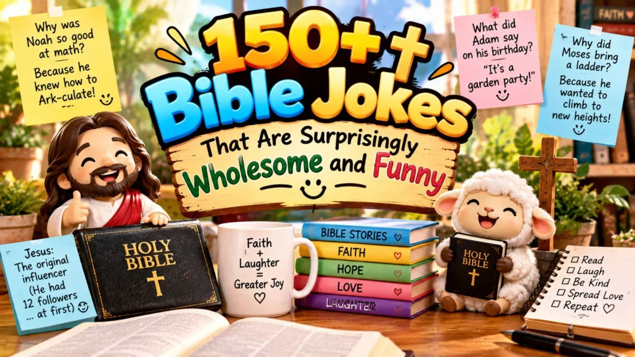 150+ Bible jokes with a cheerful Bible-themed scene, books, cross, and wholesome humor