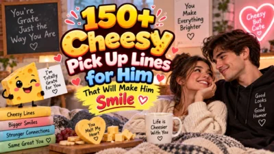 150+ cheesy pick up lines for him with a smiling couple and playful cheese-themed romantic design