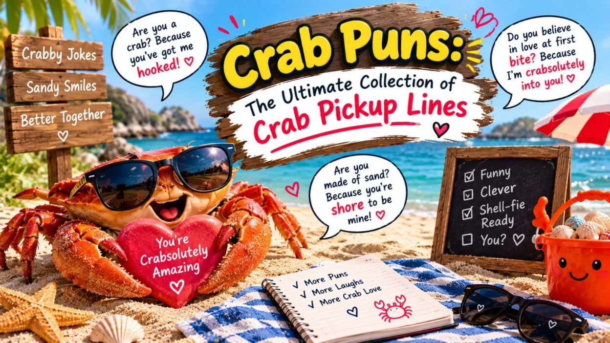 Crab puns and pickup lines featuring a funny crab in sunglasses, a beach scene, hearts, and seashells