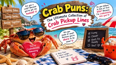 Crab puns and pickup lines featuring a funny crab in sunglasses, a beach scene, hearts, and seashells