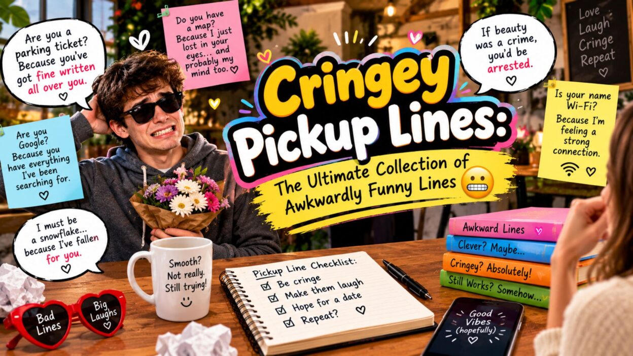 Cringey pickup lines with a nervous man holding flowers, funny speech bubbles, and a woman reacting at a café