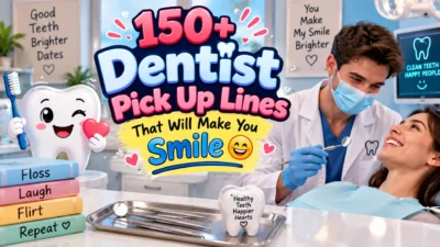 150+ dentist pick up lines with a smiling tooth mascot and romantic dental clinic scene