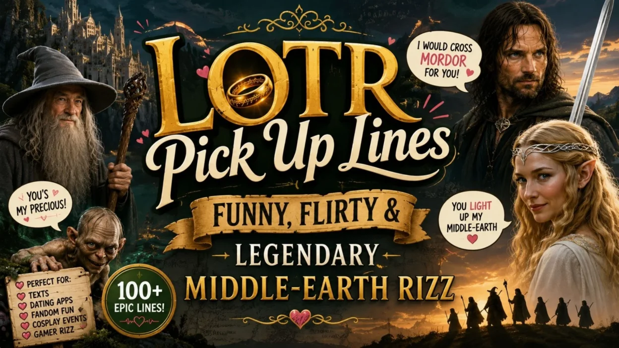 LOTR pick up lines graphic featuring funny, flirty Middle-earth rizz, fantasy characters, and the One Ring