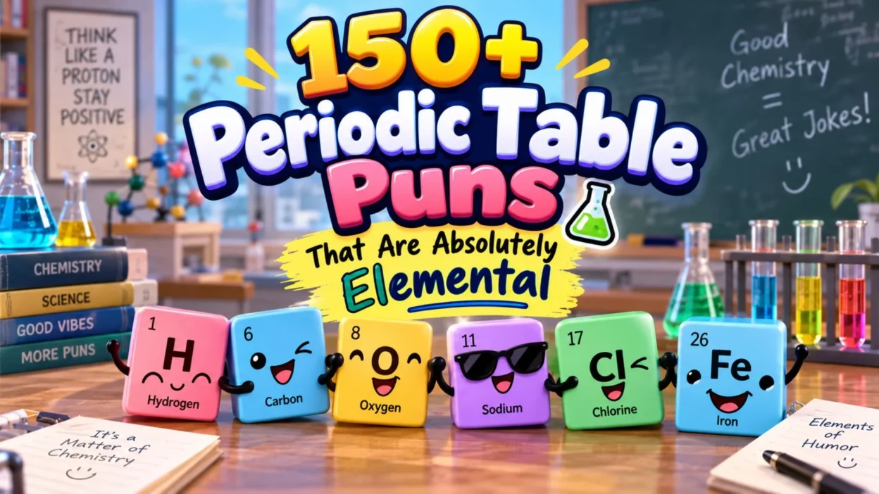150+ periodic table puns with colorful element blocks and chemistry-themed classroom design