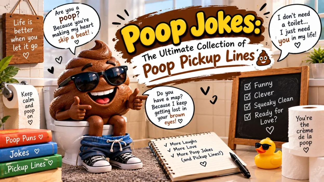 Poop jokes and pickup lines featuring a funny poop character in sunglasses, bathroom setting, and playful speech bubbles