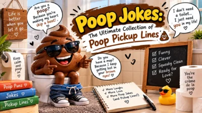 Poop jokes and pickup lines featuring a funny poop character in sunglasses, bathroom setting, and playful speech bubbles