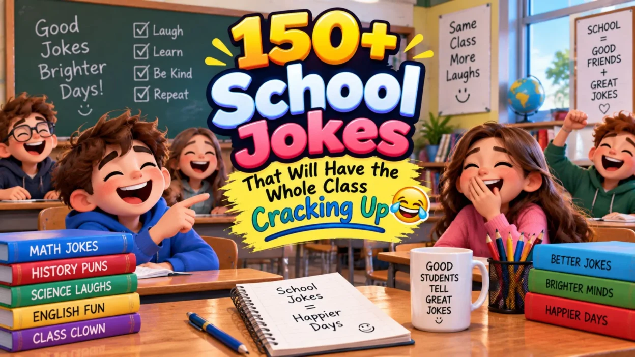 150+ school jokes with laughing students in a colorful classroom setting