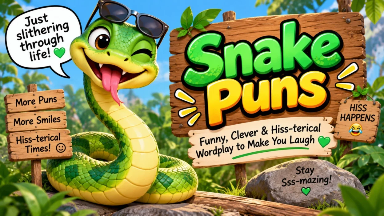 Snake puns featuring a funny cartoon snake and a colorful jungle-themed pun sign