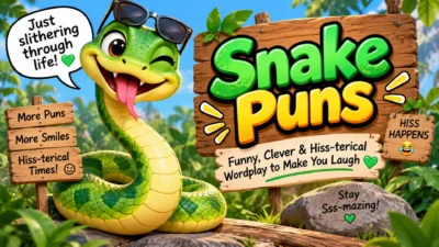 Snake puns featuring a funny cartoon snake and a colorful jungle-themed pun sign