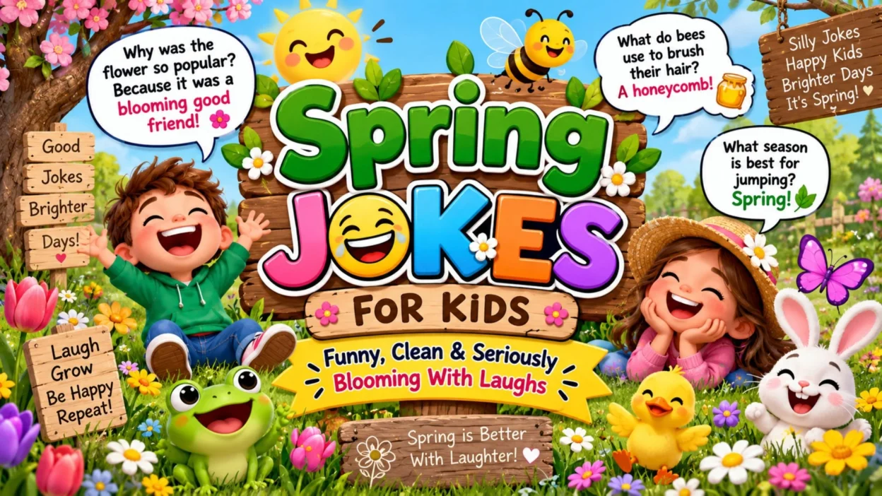Spring jokes for kids featuring funny flowers, sunshine, bunny, bee, and colorful cartoon characters