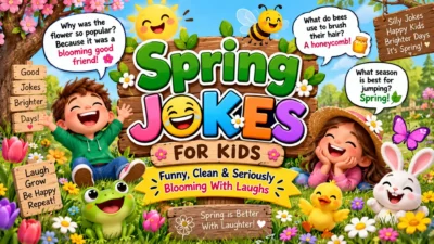 Spring jokes for kids featuring funny flowers, sunshine, bunny, bee, and colorful cartoon characters