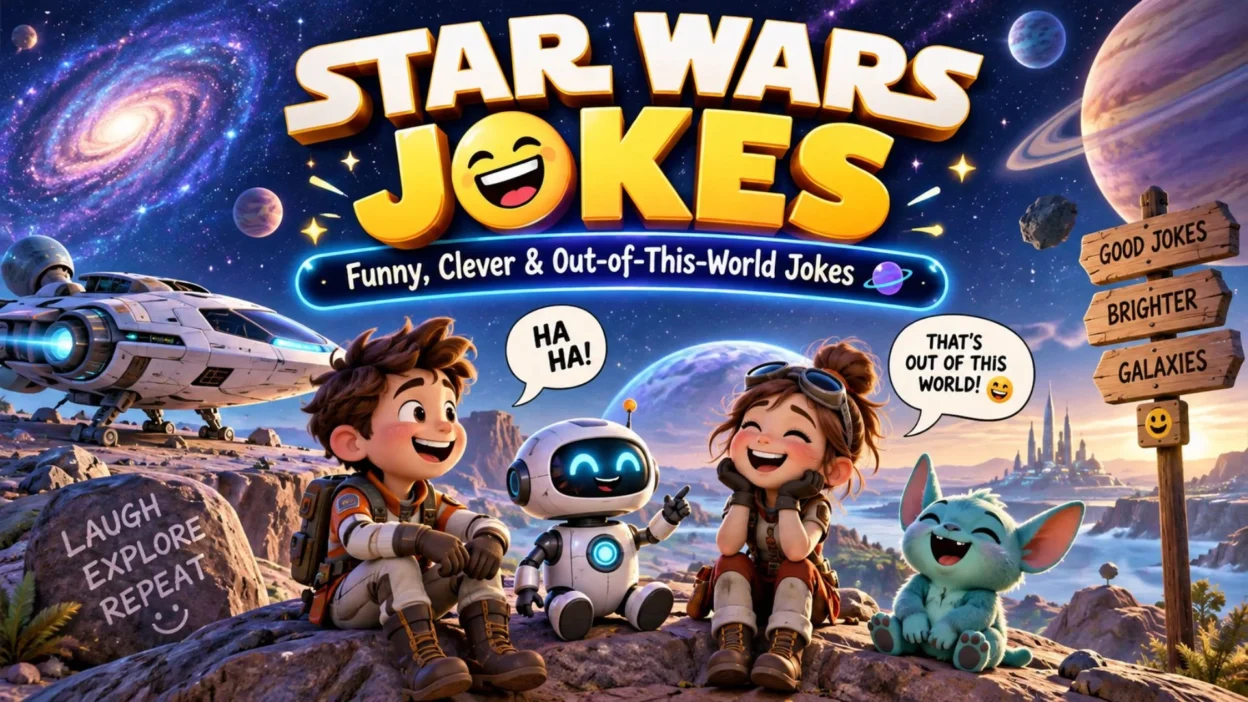 Star Wars jokes featuring a colorful galaxy, futuristic spaceship, funny robots, and out-of-this-world humor