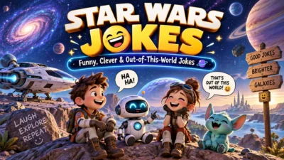 Star Wars jokes featuring a colorful galaxy, futuristic spaceship, funny robots, and out-of-this-world humor