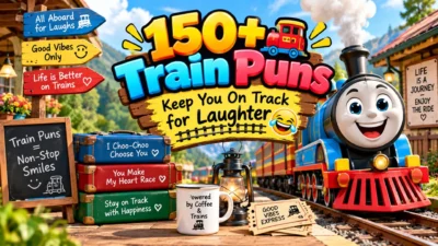 150+ train puns with a cheerful cartoon train at a colorful mountain railway station