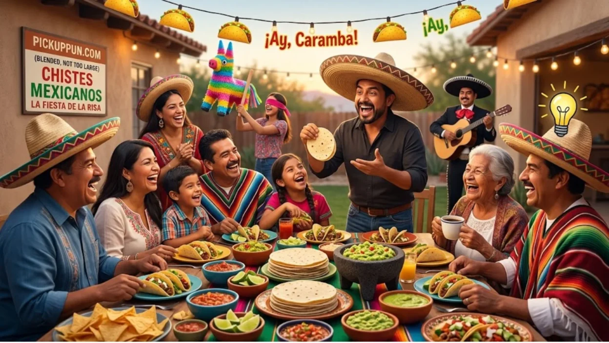 120+ Mexican jokes with colorful fiesta decorations, tacos, sombreros, maracas, and playful comedy elements
