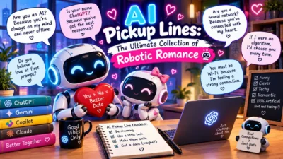 AI pickup lines with two cute robots, glowing hearts, tech-themed speech bubbles, and a colorful futuristic setting