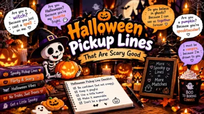 Halloween pickup lines with a spooky skeleton, pumpkins, ghosts, bats, candles, and playful romantic speech bubbles