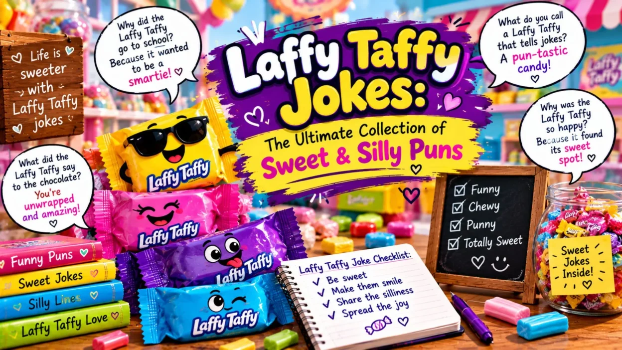 Laffy Taffy jokes with colorful candy wrappers, funny speech bubbles, sweet puns, and a playful candy shop scene