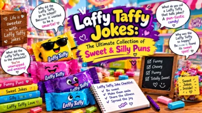 Laffy Taffy jokes with colorful candy wrappers, funny speech bubbles, sweet puns, and a playful candy shop scene