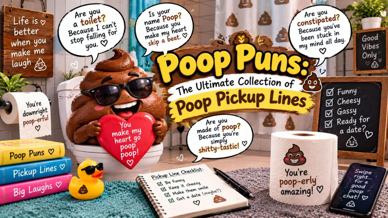 Poop puns and pickup lines with a funny poop character holding a heart in a colorful bathroom setting