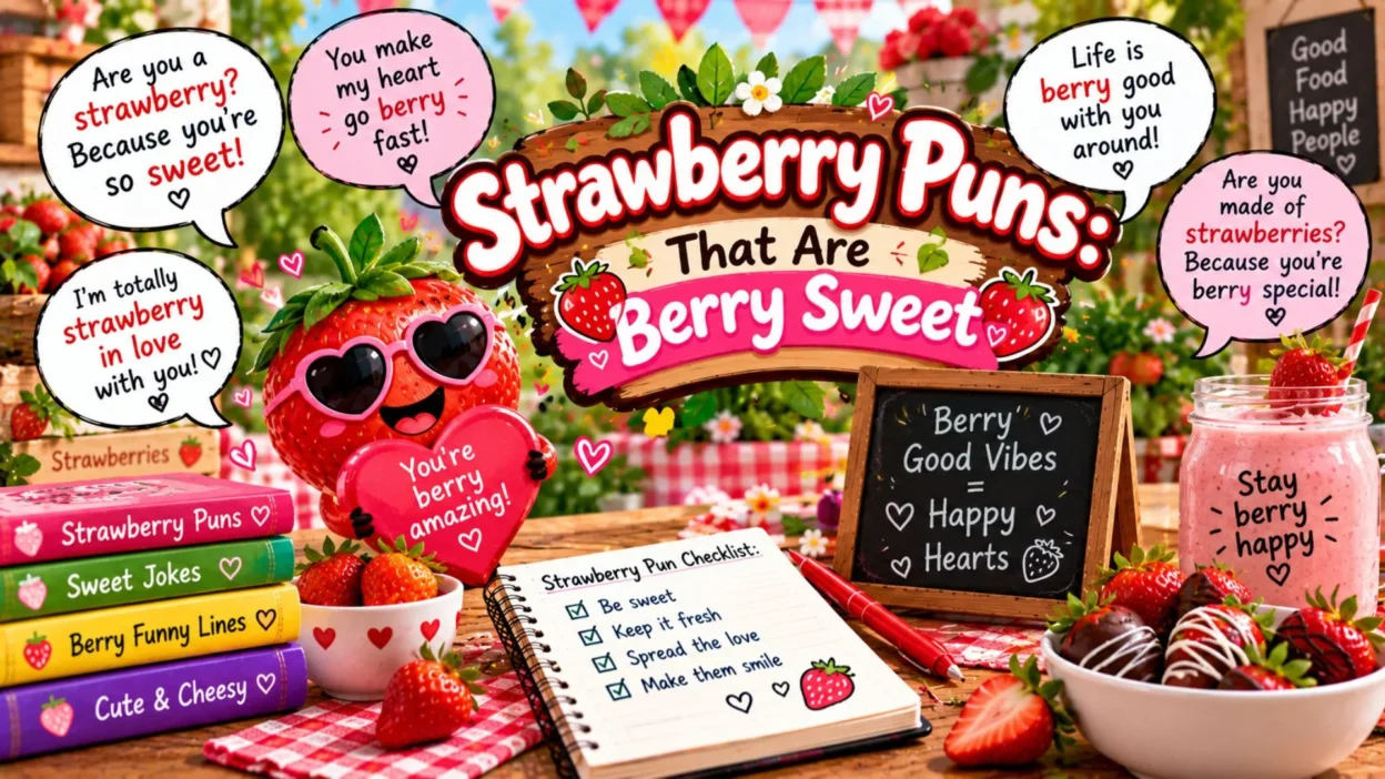 Strawberry puns with a smiling strawberry holding a heart, fresh berries, desserts, and colorful berry-themed decorations