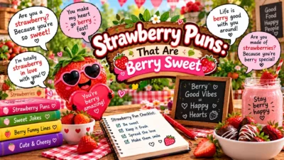 Strawberry puns with a smiling strawberry holding a heart, fresh berries, desserts, and colorful berry-themed decorations