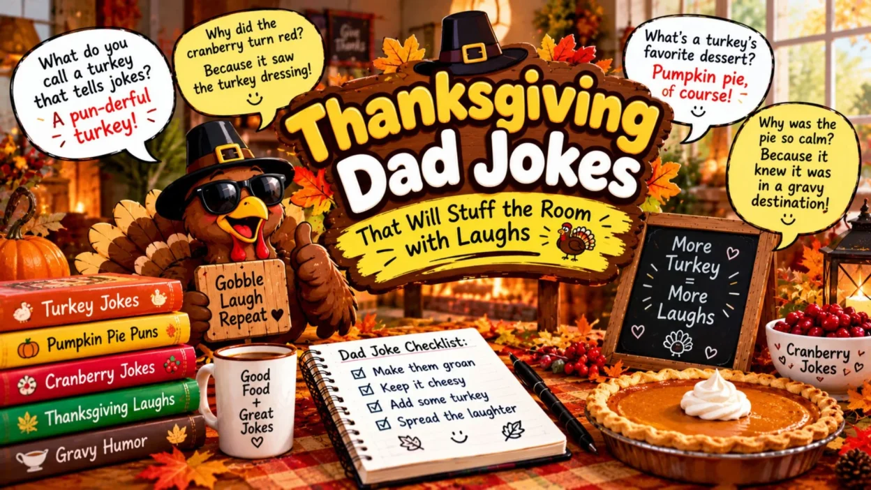 Thanksgiving dad jokes with a funny turkey in a pilgrim hat, pumpkin pie, cranberries, and autumn decorations