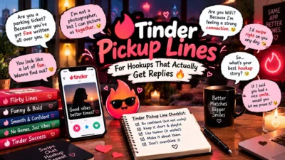Tinder pickup lines for hookups with a glowing dating app phone, playful speech bubbles, hearts, and a flirty night scene